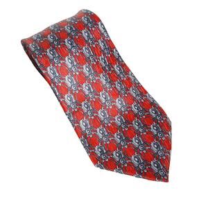 Vintage Stonehenge Red W/ Grey Medallion Print 100% Silk Made in USA Mens Tie